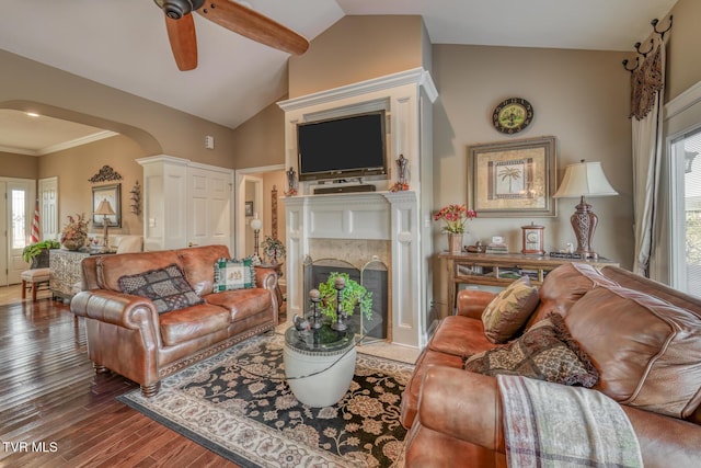 living room with hardwood / wood-style flooring, a premium fireplace, vaulted ceiling, and a wealth of natural light