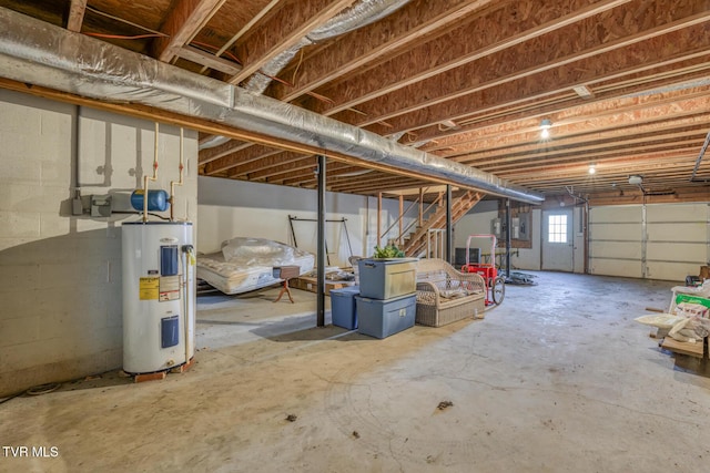 basement with water heater and electric panel