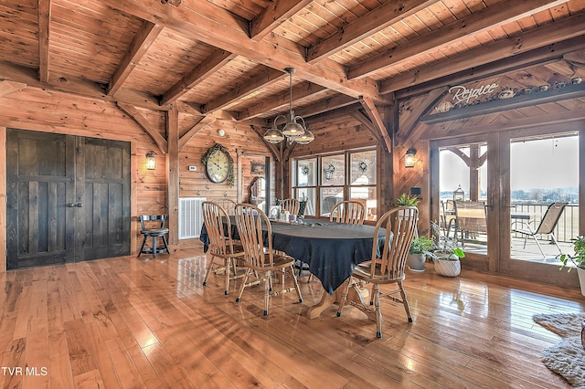 unfurnished dining area featuring hardwood / wood-style flooring, wooden walls, and wood ceiling