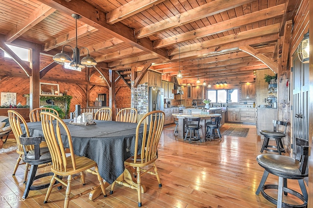 dining area with light hardwood / wood-style flooring, wood ceiling, and wood walls