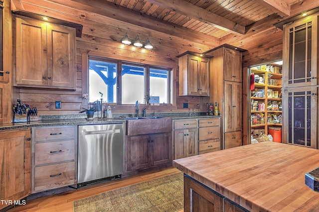 kitchen with wood ceiling, wooden walls, beamed ceiling, and dishwasher