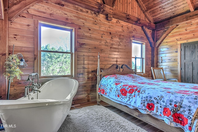 bedroom with lofted ceiling, wooden walls, wooden ceiling, and wood-type flooring