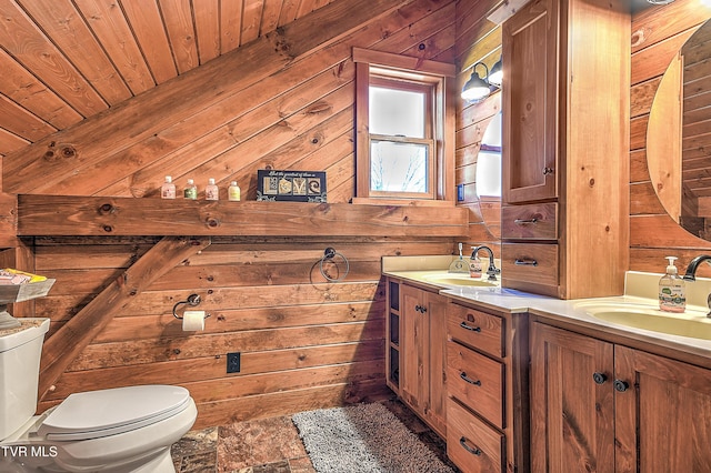 bathroom featuring vanity, wood ceiling, toilet, and wood walls