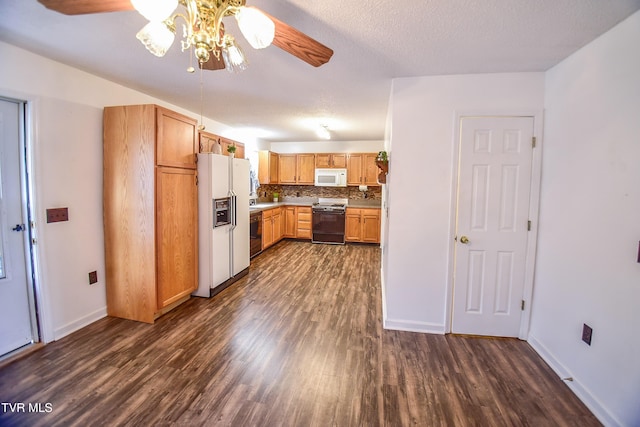 kitchen with white appliances, a textured ceiling, dark hardwood / wood-style flooring, ceiling fan, and backsplash