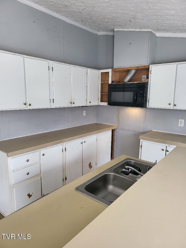 kitchen featuring white cabinetry, sink, a textured ceiling, and ornamental molding