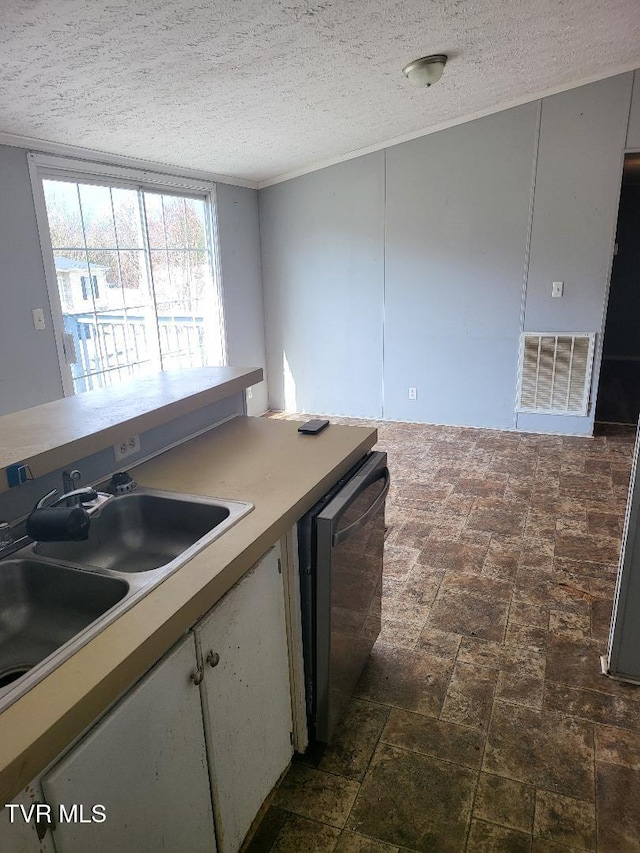 kitchen with sink, stainless steel dishwasher, and a textured ceiling