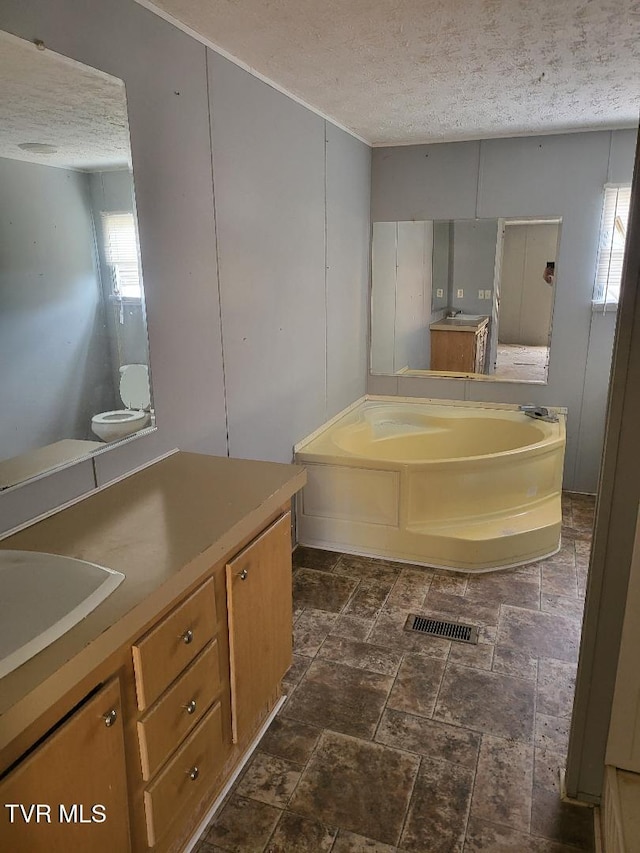 bathroom featuring vanity, a washtub, a textured ceiling, and toilet