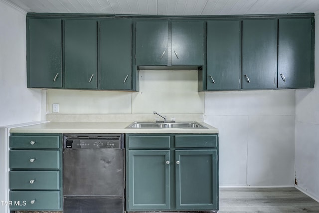 kitchen with wood ceiling, dishwasher, sink, and hardwood / wood-style floors