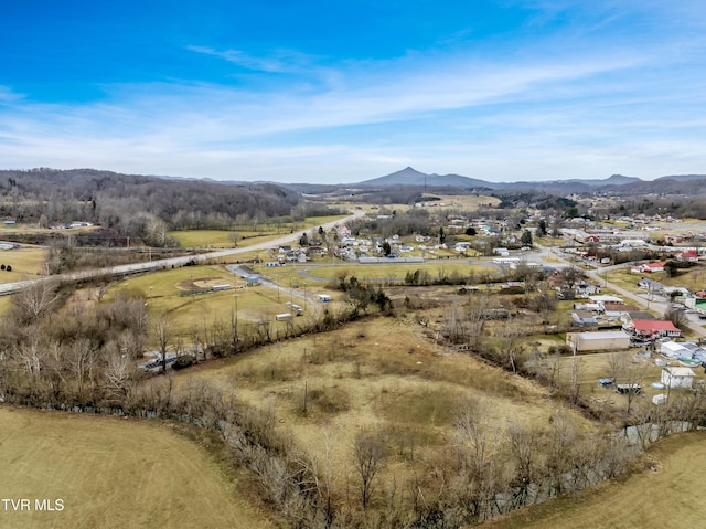 drone / aerial view featuring a mountain view