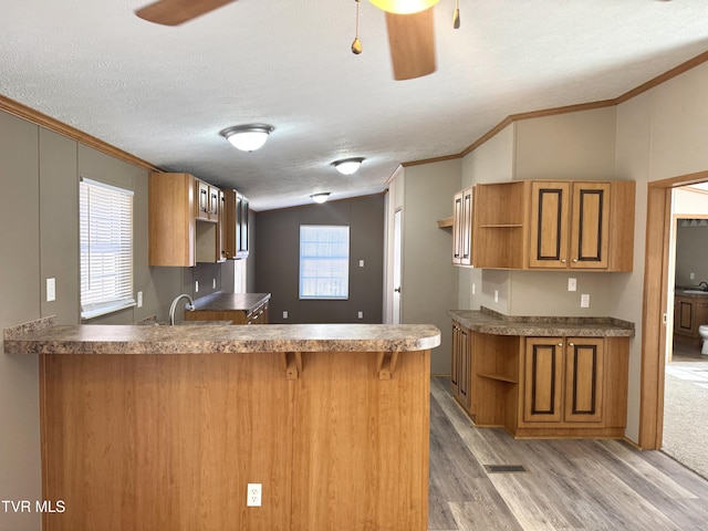 kitchen featuring a textured ceiling, ornamental molding, kitchen peninsula, and ceiling fan