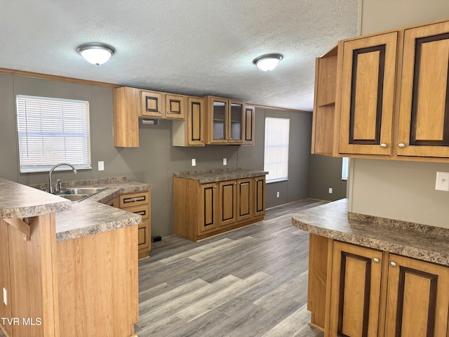 kitchen featuring a kitchen breakfast bar, sink, a textured ceiling, and light wood-type flooring