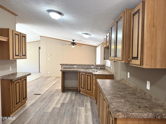 kitchen featuring sink, wood-type flooring, a textured ceiling, kitchen peninsula, and ceiling fan