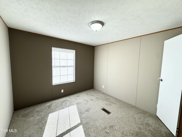 spare room with light colored carpet and a textured ceiling