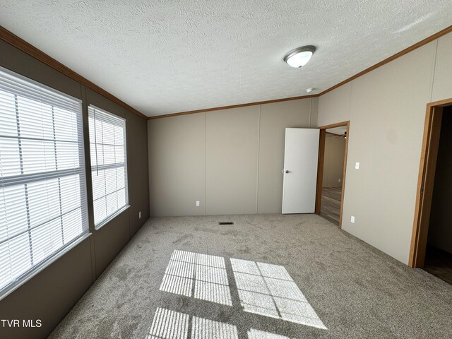 carpeted spare room featuring ornamental molding, lofted ceiling, and a textured ceiling