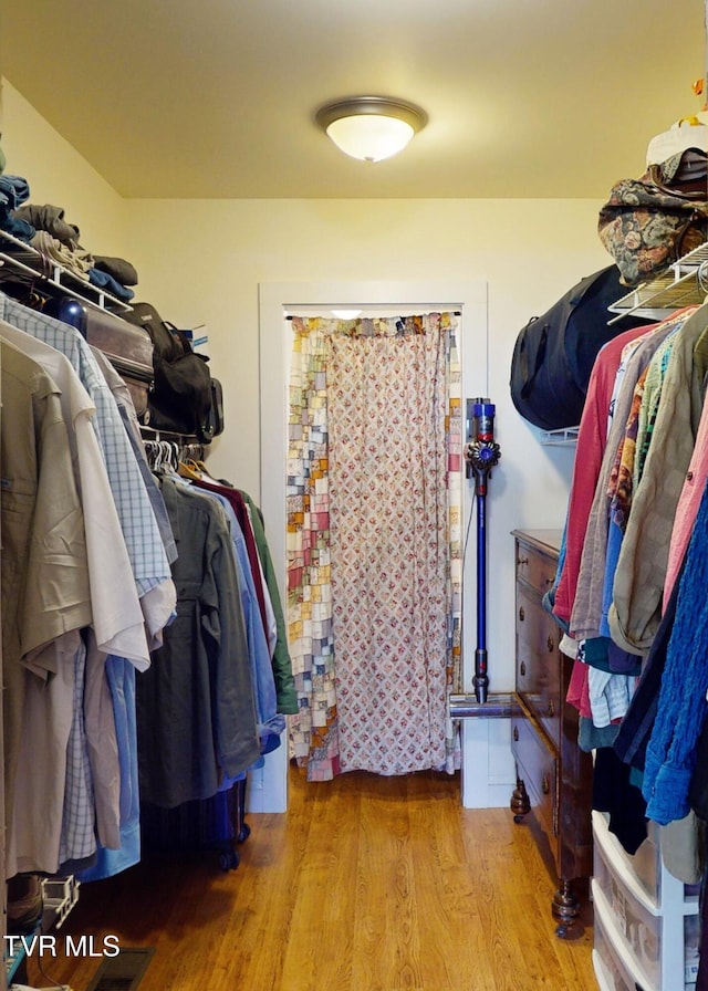 walk in closet with light hardwood / wood-style flooring