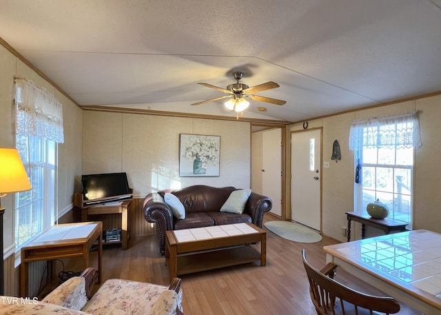 living room featuring vaulted ceiling, light wood-type flooring, ornamental molding, ceiling fan, and a textured ceiling