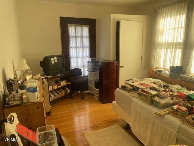 bedroom with multiple windows and wood finished floors