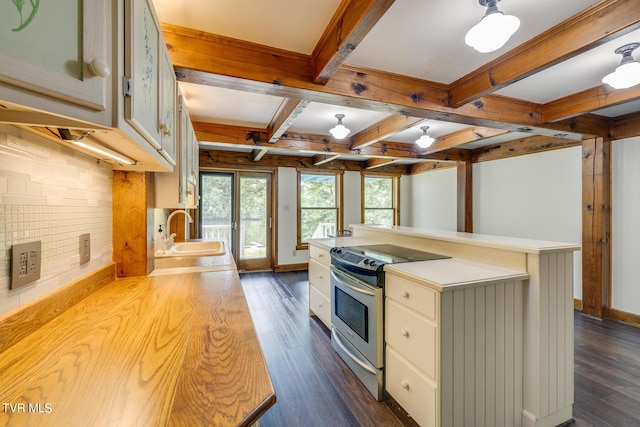 kitchen with sink, dark wood-type flooring, beamed ceiling, and stainless steel electric range oven