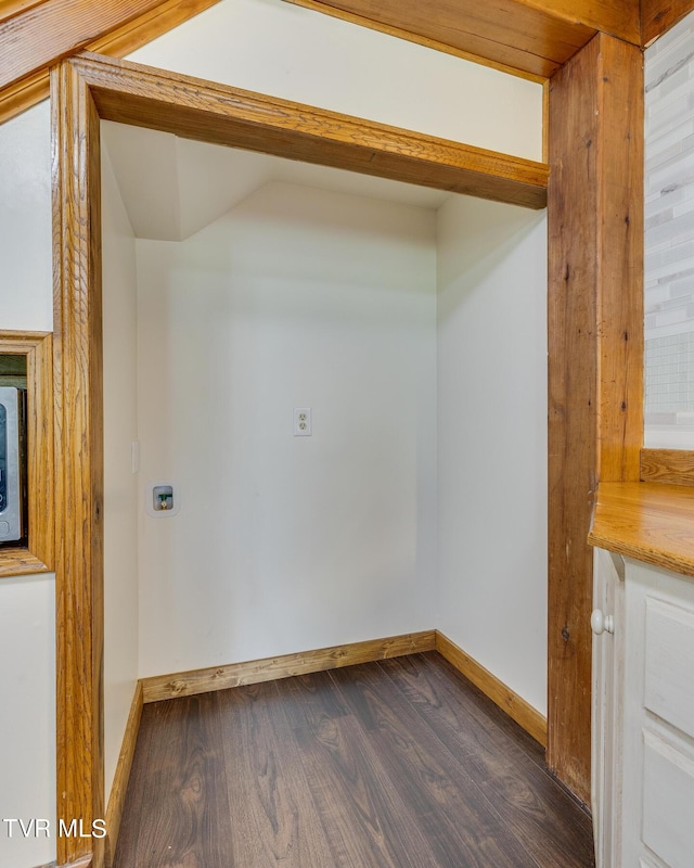 laundry area with dark wood-type flooring