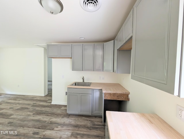 kitchen with dark hardwood / wood-style floors, gray cabinets, and sink