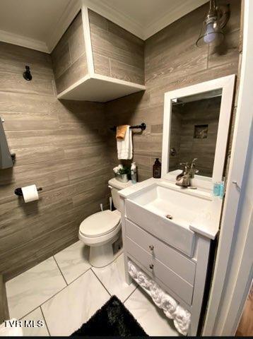 bathroom featuring crown molding, vanity, and toilet