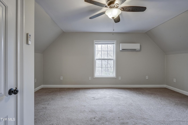 bonus room featuring ceiling fan, lofted ceiling, carpet floors, and a wall unit AC