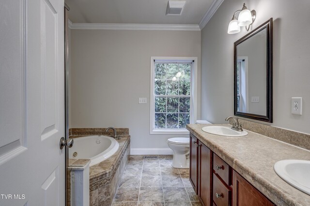 bathroom featuring crown molding, tiled bath, vanity, and toilet