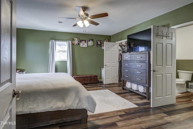 bedroom featuring dark hardwood / wood-style floors and ceiling fan