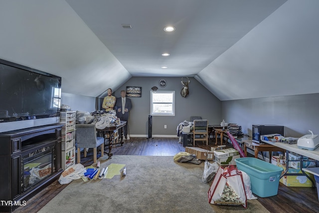 office area featuring lofted ceiling and dark hardwood / wood-style flooring