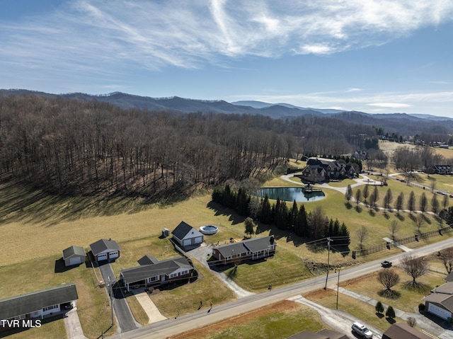 birds eye view of property with a water and mountain view