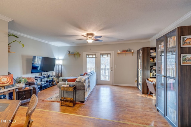 living room with crown molding, light hardwood / wood-style flooring, and a textured ceiling