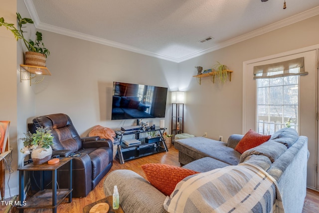 living room with ornamental molding and wood-type flooring