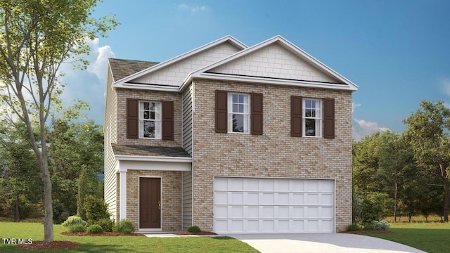 view of front of home with a garage and a front lawn