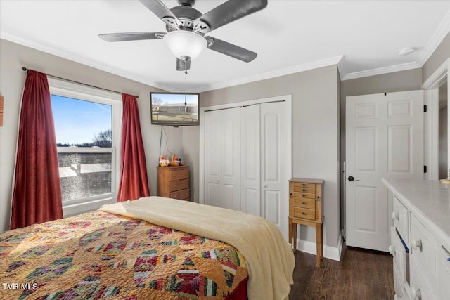 bedroom with ornamental molding, dark hardwood / wood-style floors, ceiling fan, and a closet