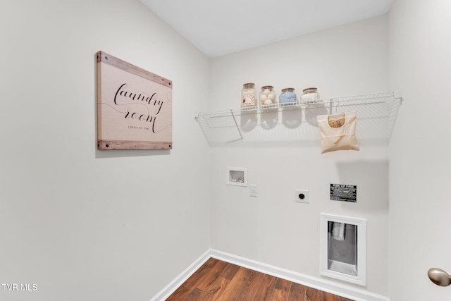 laundry room with electric dryer hookup, hookup for a washing machine, and dark hardwood / wood-style flooring