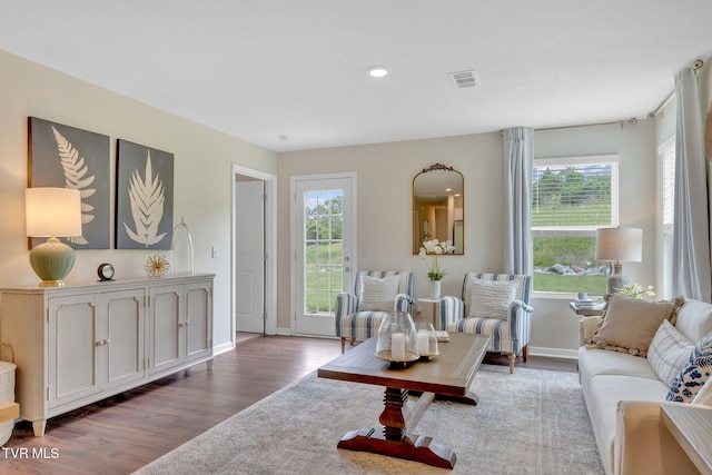 living room with dark hardwood / wood-style floors