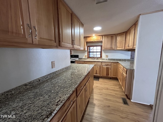 kitchen with light hardwood / wood-style floors, a textured ceiling, and stone counters