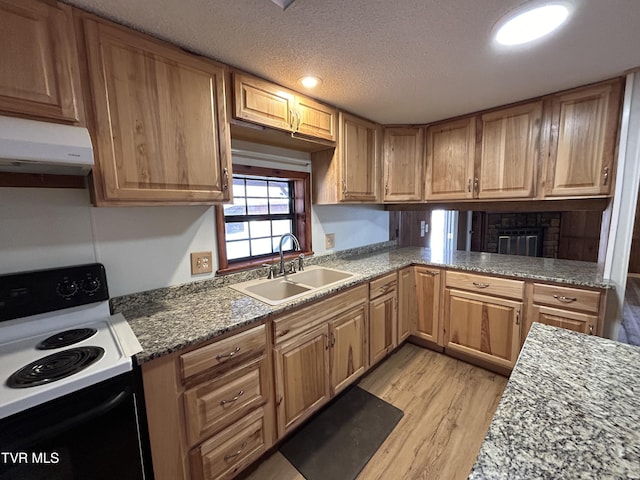 kitchen with sink, light hardwood / wood-style flooring, electric range oven, a textured ceiling, and stone countertops