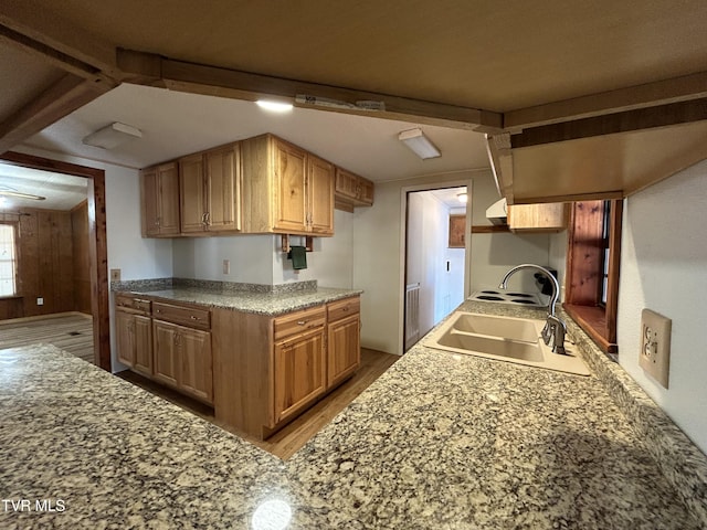 kitchen featuring sink, light hardwood / wood-style flooring, and wood walls