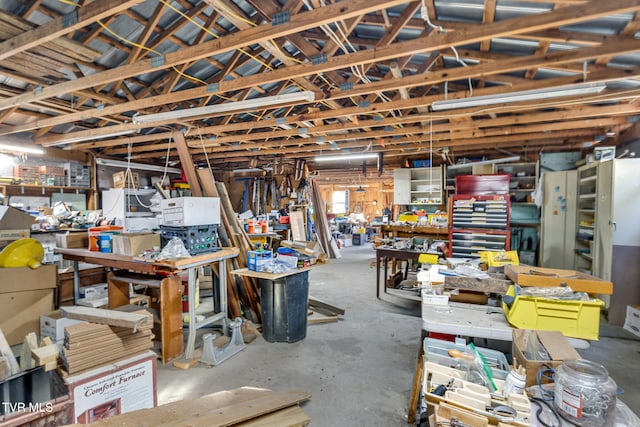 basement with a workshop area