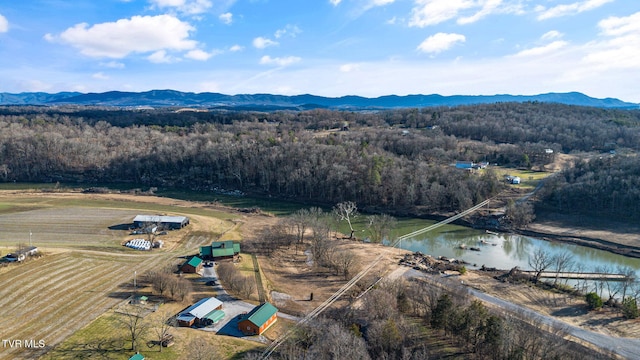 drone / aerial view with a water and mountain view