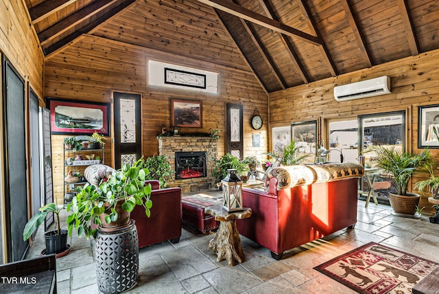 living room with a stone fireplace, wooden walls, a wall unit AC, and wooden ceiling