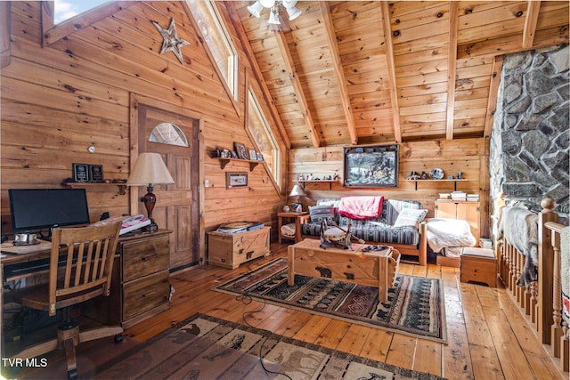 home office with vaulted ceiling with beams, wood ceiling, hardwood / wood-style flooring, and wood walls