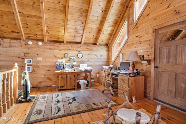 office area with lofted ceiling with beams, wood walls, light wood-type flooring, and wooden ceiling