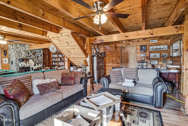 living room featuring hardwood / wood-style floors, wooden walls, ceiling fan, wooden ceiling, and beam ceiling