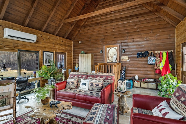 living room with beam ceiling, a wall mounted AC, log walls, and wood ceiling