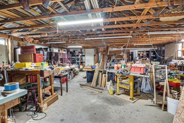 basement with a workshop area