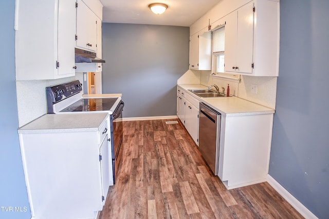 kitchen featuring dark wood-type flooring, sink, range with electric stovetop, stainless steel dishwasher, and white cabinets