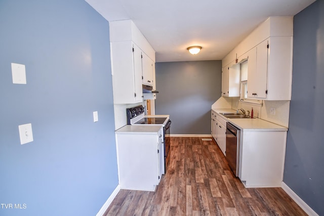 kitchen featuring white cabinetry, sink, dark hardwood / wood-style flooring, stainless steel dishwasher, and electric stove