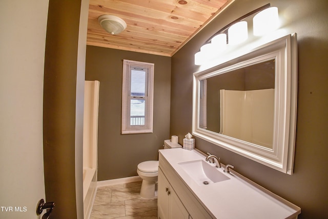 full bathroom featuring vanity, washtub / shower combination, wood ceiling, and toilet